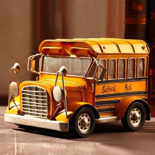 Vintage American School Bus Model Ornaments Iron Crafts Classic Car Figurines Vehicle Miniature Bar Home Decor Kid Toys Gifts