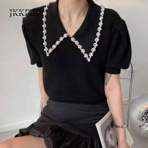Retro Short Doll Collar Blouses Beaded Knit Top Woman 2021 Black Fashion Puff Sleeve Shirt