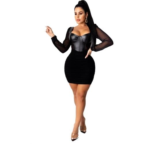 PU Sheer Mesh Patchwork Ruched Mini Dress Women Long Sleeve Square Collar Bodycon Outfits Christmas Party Pleated Dresses MH785