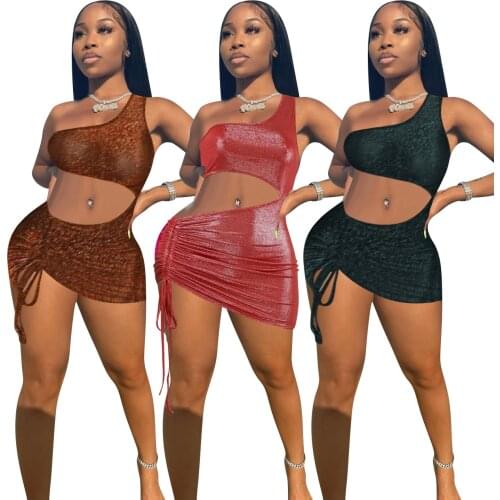 2021 Summer New Fashion Sexy Womens Hot Sale Multi Color Tight Fitting Bag Hip Bright Cloth Pleated Oblique Shoulder Dress