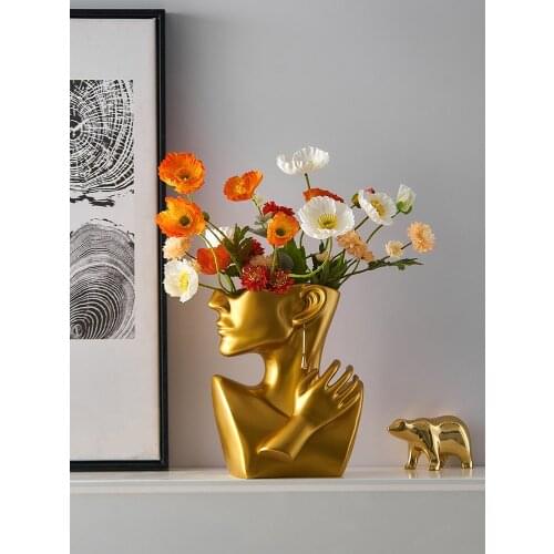 Golden Sculpture Vase Living Room Flower Arrangement Luxury High-end Resin Portrait Figurine Crafts Modern Artificial Flower Pot