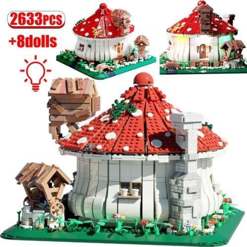 2633pcs LED Light Mushroom Castle Model Blocks City Street View Home Decoration Architectural Technical Toys For Girls Gifts