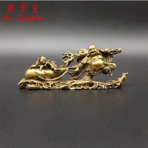 Antique Bronze Maitreya Laughing Buddha Pull Money Bag Statue Miniatures Ornaments Desktop Decoration Lucky Feng Shui Home Decor