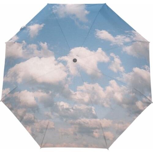 Blue Sky Printed Automatic Umbrella Three Folding Rain Women Auto Luxury Big Windproof Umbrellas Rain For Men Black Coating