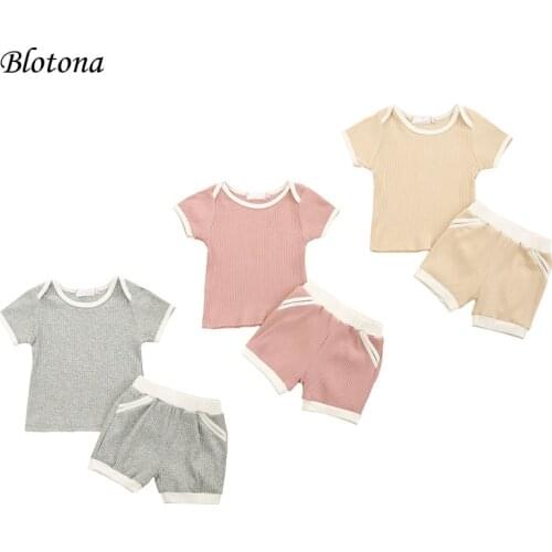 Blotona Summer Hot Sale 2 Pcs Newborn Ribbed Outfits, Baby Color Block Short Sleeve Round Neck T-shirt + Shorts Pants 0-24Months