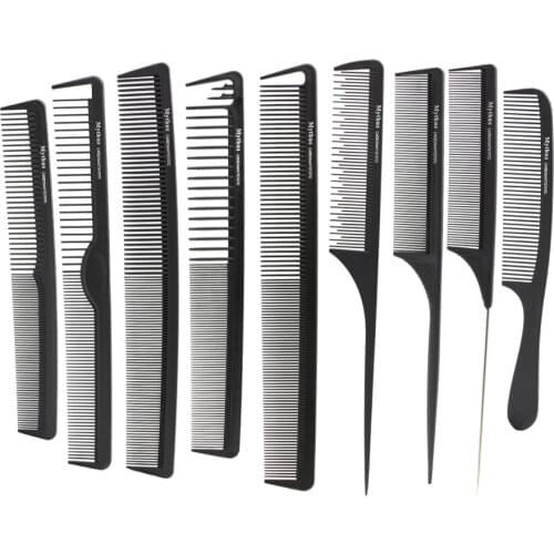 Carbon Hair Comb 9/pcs Lot Black hair Cutting Combs Set, Hair Tail Comb in Different Design For Professional Usage, T&G-9