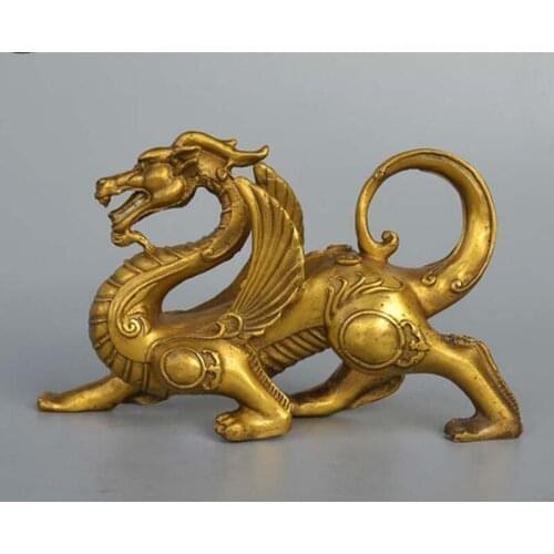 Chinese Fengshui Pure Brass Evil Dragon Kylin Unicorn Wing Beast Statue