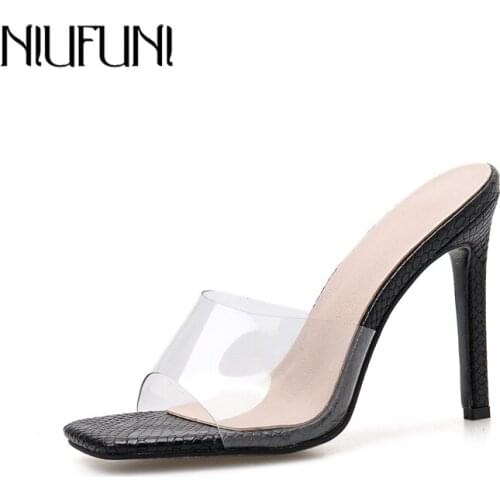 NIUFUNI 2020 Summer Slippers Sexy PVC Transparent Thin High Heels 10.5CM Peep Toe Sandals Slippers Ladies Casual Shoes Plus Size