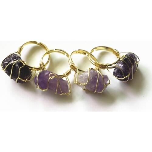 Fashion Wire Wrap Natural Rock Mineral Quartz Stone Women Rings Resizable Healing Amethysts Fluorite Purple Crystal Finger Rings