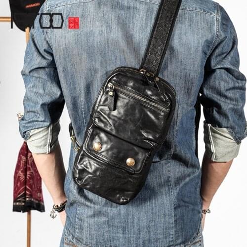 AETOO Mens leather fold chest bag, first layer of leather retro shoulder bag, mens personality trendy messenger bag