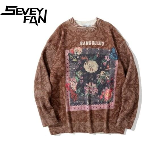 SEVEYFAN Mens Retro Rose Printed Sweaters Cashmere Loose Kintwear Hip Hop Pullover Sweater for Couples