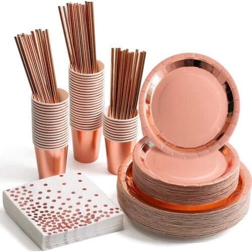 Rose Gold Party Disposable Tableware Set Paper Straws Plates Cups Napkins Paper Cake Stand Wedding Birthday Table Decor Supplies