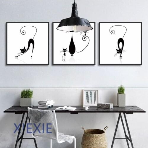 Nordic Cartoon Cute Black Cat White Background Wall Art Canvas Funny Poster Children Room Bedroom Living Decor Painting Picture