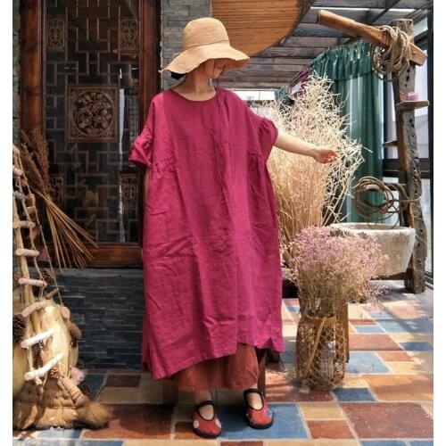 Women Plus Size Retro Solid Color Butterfly Sleeve Dress Ladies Vintage Big Size Robe Dress Female Linen Loose Dress Flax Summer