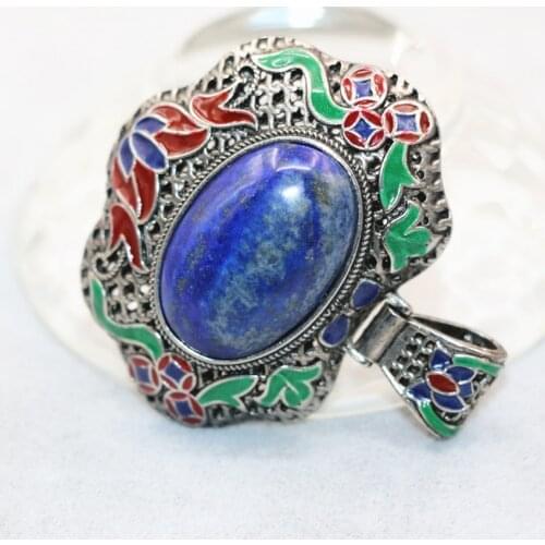 Natural oval lapis lazuli stone charms egg shape pendant 45*55mm enamel antique silver-color gold-color fashion jewelry B3042