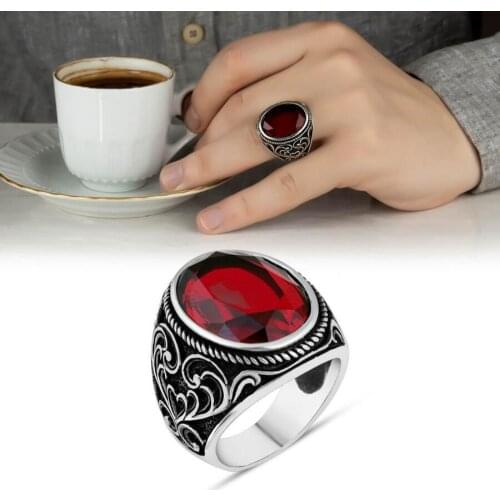 925 Sterling Silver Mens Ring Faceted Red Zircon Stone Handmade Ottoman Style Ring, Red Stone Jewelry for Men