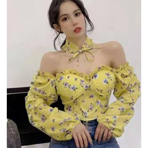 2021 New Sexy Women Tops Gothic Floral Print Elegant Crop Tops Chiffon Blouse Long Sleeve Shirts Pink Lady Clothing For Ladies