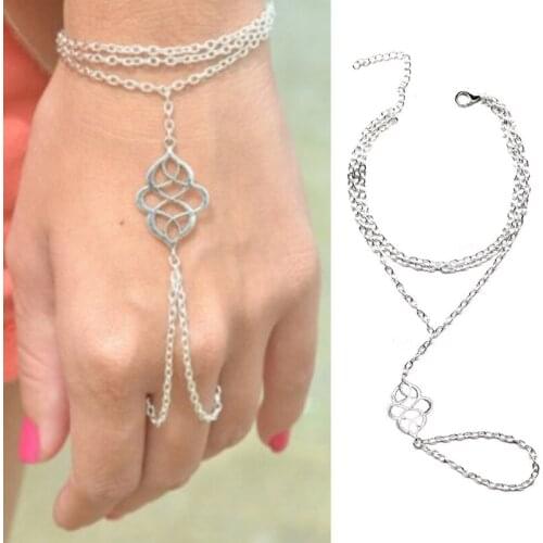 Simple Silver Color Hollow Flower Bracelet Jewelry Chain Vintage Hollow Metal Through Finger Hand Chain Harness For Girls