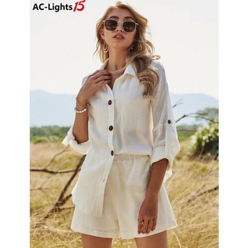 2021 Button White Womens Sets Cotton Linen Two Pieces Sets Long Sleeve Shirt and Shorts Women Set Outfits Elastic Waist