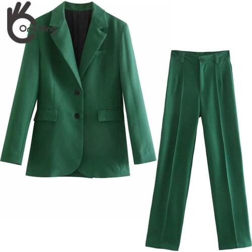 OneBling 2021 Za Summer Autumn Women Casual 2 Piece Sets Long Blazers and Straight Pants Outfits Female Green OL Suits Traf