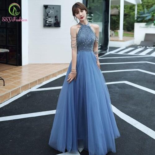 SSYFashion New Blue Evening Dress Sexy Halter Tassel Beading A-line Floor-length Elegant Prom Formal Gown for Women Vestidos