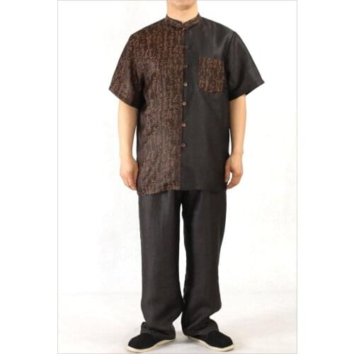 100% wateredgauze silk short-sleeve shirt pants set,gambiered Guangdong silk tang suit,silk traditional Chinese men clothing