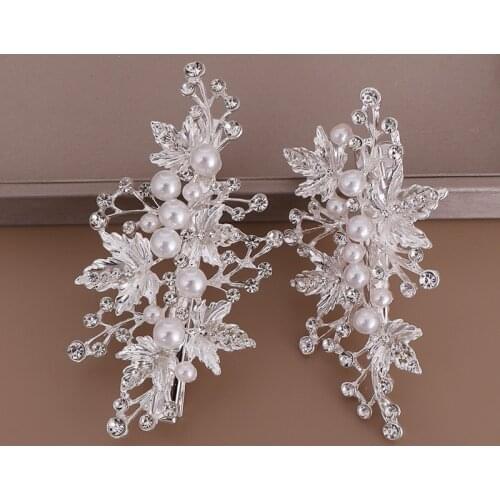 2 Pcs/Set Handmade Silver Color Pearl Rhinestones Leaf Wedding Hair Clip Barrettes Bridal Headpiece Hair Accessories Hair Clips