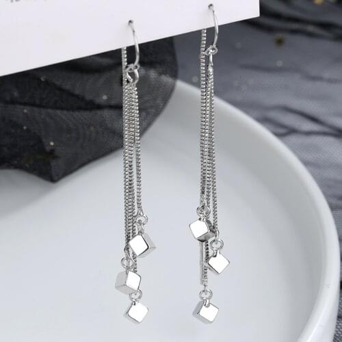 Thin Strip Box Chains 925 Sterling Silver Dangling Long Hanging Tassel Earrings For Women Girls Square Beads Jewelry Accessories