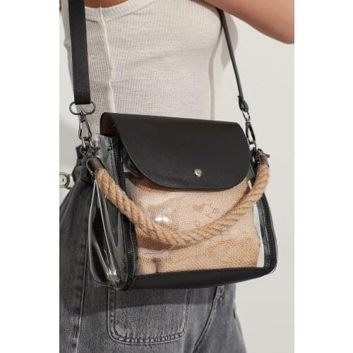 Black Womens Transparent Shoulder Bag with Rope Strap Stylish Fashion New Design Great Quality Made in Turkey