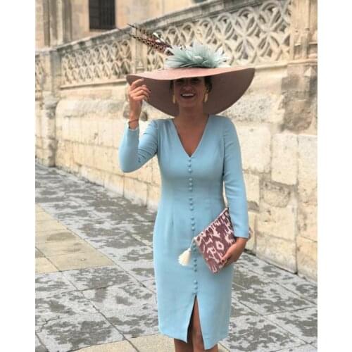 Elegant Mother of the Bride Dresses for Wedding Plus Size Knee Turquoise Long Sleeve V-Neck Buttons vestido de madrinha