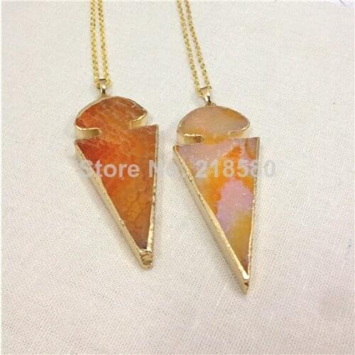 H-QN138 Orange Yellow Agat Arrowhead Pendant Necklace Gold Color Chain Necklace 16 inch to 30 inch