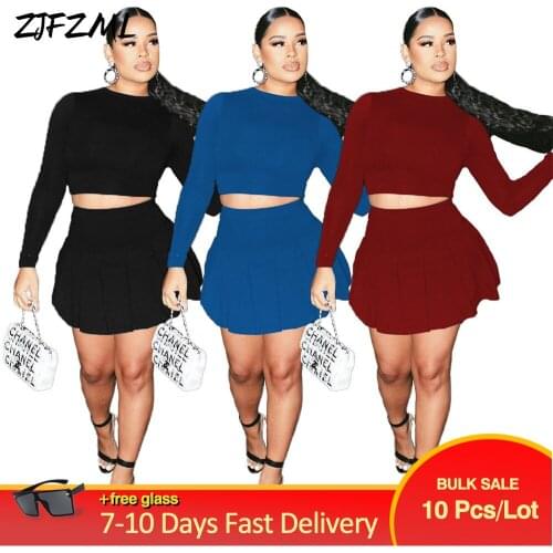 Bulk Items Wholesale Lots Simple Sweet 2 Piece Sets Women Skirt Solid Color Mock Neck Full Sleeve Crop Top+pleated Mini Skirt