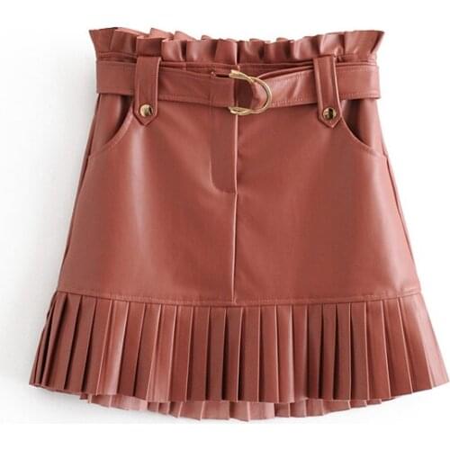 Lady High Waist Pockets Elegant Black Mini Party Skirt New Women Fashion Autumn Winter Pleated Faux Leather Skirts Tie Belt