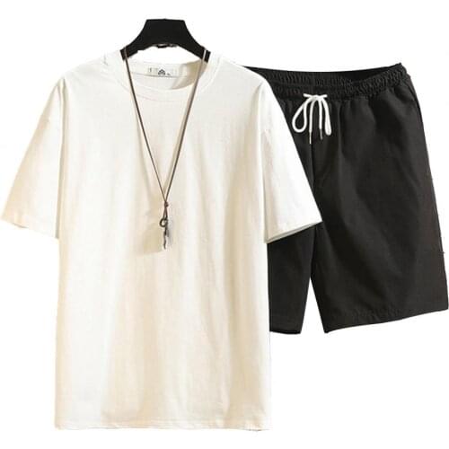 Men Sportswear Solid Drawstring Summer Round Neck Short Sleeve T-shirt Shorts Set Summer Office Tee Shirts Streetwear Plus Size