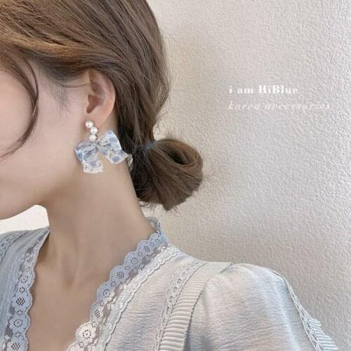 2021 Summer New Fashion Flower Print Bowknot Dangle Earrings for Women Elegant Pearl Earrings Sweet Girls Drop Earrings Jewelry