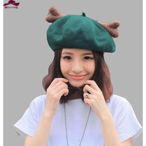 Newest woman Christmas elk Deer horn cap Wool beret Fashion Hat Deer ear winter warm Artist girl cap beret Lovely Cosplay hats