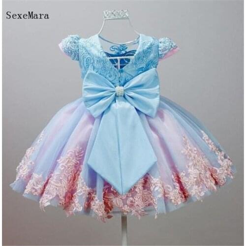 SexeMara Blue Baby Girls Dresses for Birthday Party Lace Applique Ball Gown Little Girl Pageant Dress Party Prom with Bow