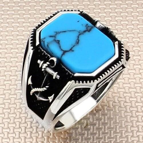 Oxidized Straight Rectangle Blue Raw Turquoise Stone Men Silver Ring With Anchor Motif Made in Turkey Solid 925 Sterling Silver