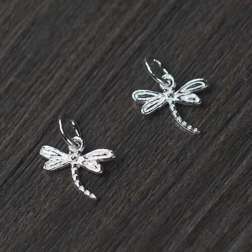 Simple Cute 925 Sterling Silver Dragonfly Charms Fit Bracelets Earrings DIY Jewelry Silver Dangle Pendants With Ring 12x11mm