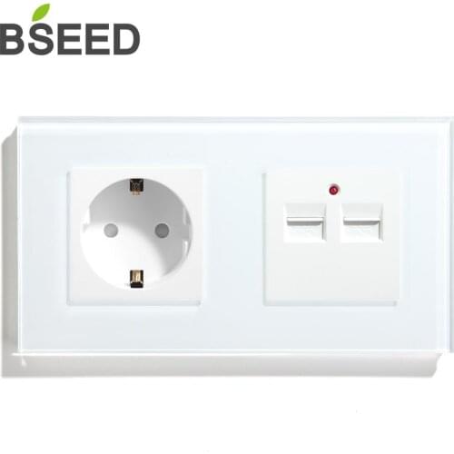 BSEED Socket EU Standard With USB Charger Wall Socket 100V-240V White Black Gloden Crystal Glass Panel