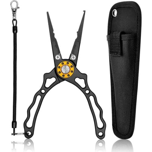 Fishing Pliers Hook Remover Braid Line Cutter Split Ring Opener with Coiled Lanyard and Sheath, Fly Fishing Knot Tying Tools
