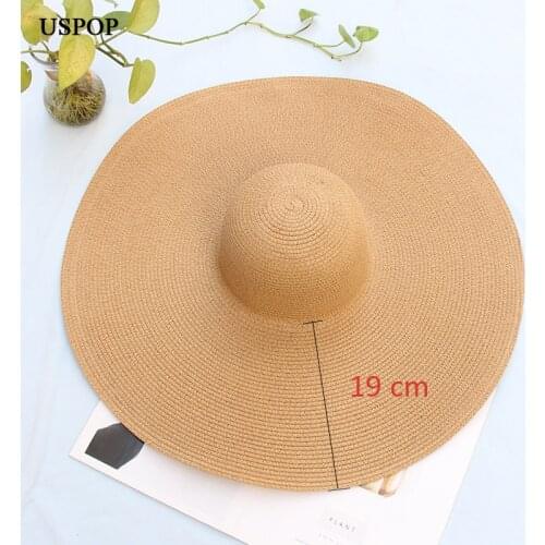USPOP 2020 new super large brim fashion summer straw hat beach hat solid color straw sun hat collapsible sun shade