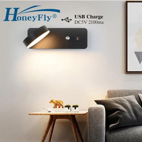 HoneyFly LED Wall Lamp With Knob Switch USB Interface 9W Fashion White Black Wall Light Fixture Corridor Aisle Beside Lighting