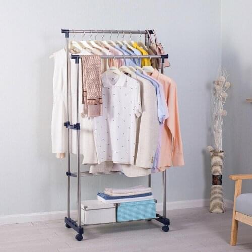 Furniture Living Room Double Pole Rolling Adjustable Garment Coat Rack Dress Hanger Clothes Rack With Movable Wheels DQ0813A