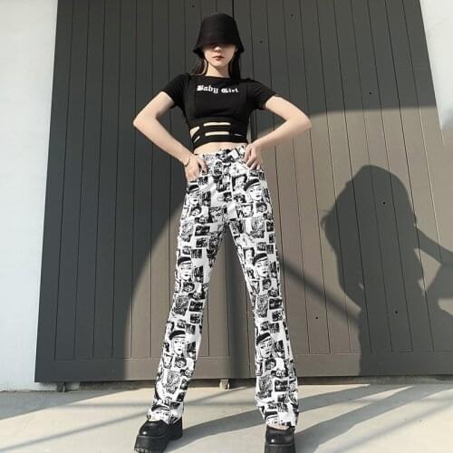 Vintage Anime Graphic High Waist Y2K Pants 90s Aesthetics E-girl Print Flare Trousers Streetwear Fashion Casual Pants Harajuku