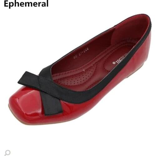 Women Patent Leather Breathable Flats Summer Shoes Square Toe Big Size 41-35 Pink Black Wine Patchwork Bow Loafers Comfortable