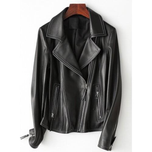 2020 New Ladies Real Sheep Jacket Quality Lambskin Black Slim Fit Genuine Leather Coat Lapel Motorcycle Outerwear Women