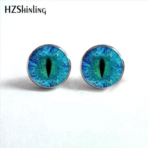 NES-0046 Dragon Eye Stud Earrings Green Blue or Purple Eye Ear Nail Sauron Eye Jewelry Glass Cabochon Earrings Handmade HZ4