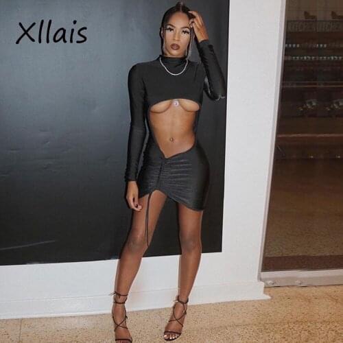 XLLAIS Black Cut Out Ruched Lace Up Party Dresses Women Sexy Long Sleeve Drawstring Bodycon Slim Mini Vestidos Birthday Clothes