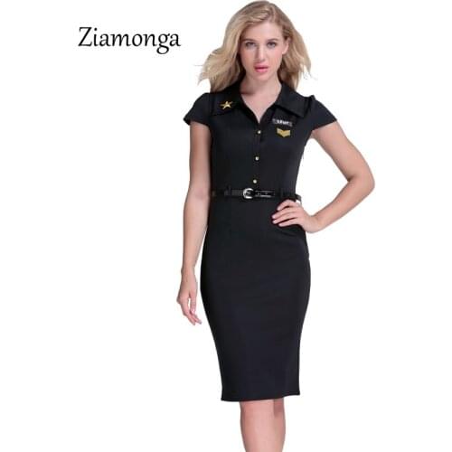 Ziamonga Women Sexy Dress Turn-Down Collar Knee Length Midi Bodyocn Party Dresses Elegant Female Casual Military Bandage Dress
